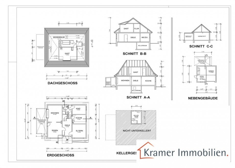 Grundriss EG, DG, KG, Nebengeb�ude, Schnitt Einfamilienhaus Bockhorn