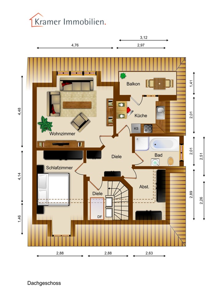 Grundriss Dachgeschoss, Illustration Dachgeschosswohnung Westerstede / Ocholt